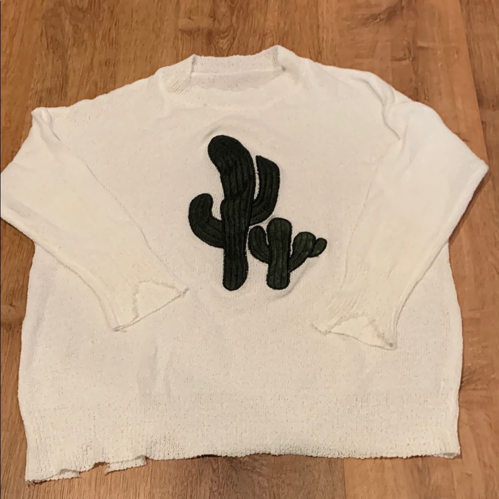 White Distressed Sweater with Green Cactus Design
